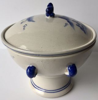 Old Chinese Lidded Rice Bowl Covered Dish Pedestal Porcelain Foo Dog 2 Blue Band 4