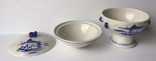 Old Chinese Lidded Rice Bowl Covered Dish Pedestal Porcelain Foo Dog 2 Blue Band 6