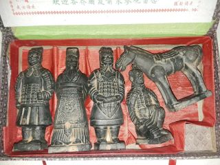 Vintage Set Of 5 Chinese Terra Cotta Army Warriors Horse Figures Statues Box