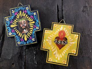 Small Painted Wood Crosses (2) Pc Set Sacred Heart Jesus Mexican Folk Art