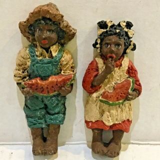 June Mckenna Black Folk Art Boy & Girl Eating Watermelon Figurines