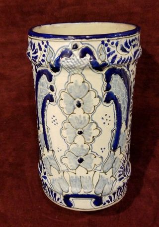 Vintage Talavera Mexican Art Pottery 8 - 1/2 " Vase Blue White Vg