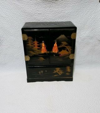 Vintage Japan Lacquer Wood Jewelry Box With Painted Scenes 4 Drawers 10 " X 8 " X 4 "