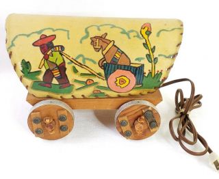 Vintage Covered Wooden Wagon Lamp Hand Painted Mexican Folk Art 1950s