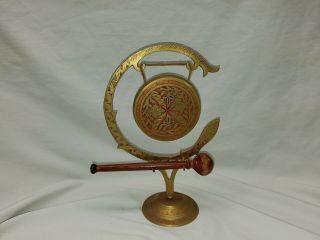 Vintage Desktop Brass Ornate Gong With Stand And Wood Mallet 9.  75 " Tall