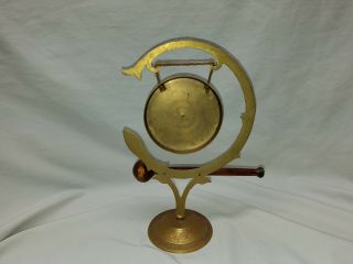 Vintage Desktop Brass Ornate Gong With Stand and Wood Mallet 9.  75 