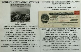 Pony Madison County Montana Pioneer Treasurer Postmaster Document Signed Check