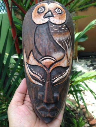 African Owl Tribal Tiki Mask Wood Hand Carved Hanging Wall Decor Bar Face Exotic