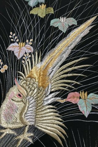 @@japanese Vintage Kimono/ Tomesode Black Silk Fabric/ Embroidered Bird J2