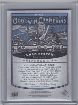 2019 Upper Deck Goodwin Champions Chad Sexton Worn Relic Card PACK FRESH 2