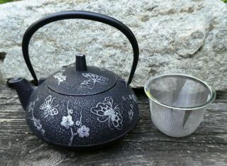 Japanese Cast Iron Tea Pot Decorated W Flowers & Butterflies