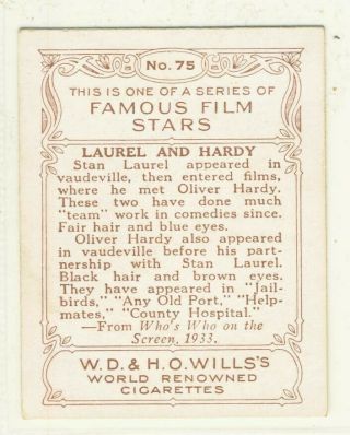 1934 W.  D.  & H.  O.  Wills Famous Film Stars 75 Laurel & Hardy Lg.  Card 2