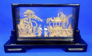 Chinese Carved Cork Art Pagoda Cranes Diorama In Wood And Glass Shadow Box