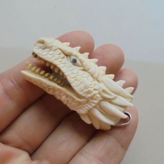 Dragon Pendant,  Dragon Carving From Deer Antler Carving With Silver Bail 031308