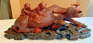 Chinese Hand Carved Wooden Water Buffalo With Figures And Stand