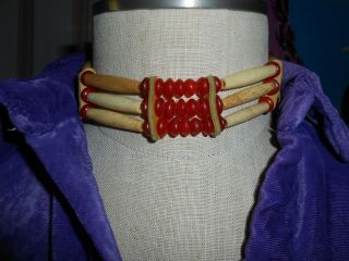 Navajo Indian Native Traditional Bone Red Bead 3 Strand Choker Necklace 11.  5 32 "