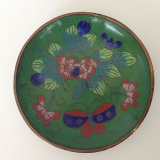 Antique Vintage Chinese Cloisonne Enamel Saucer Dish W Butterfly & Flowers