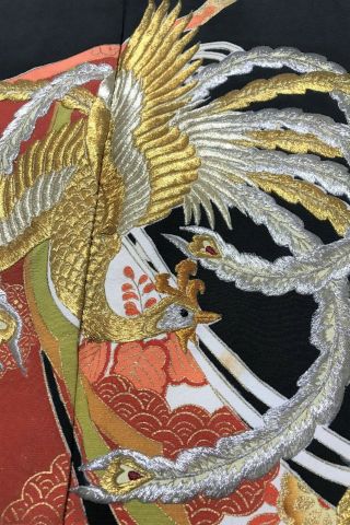 @@japanese Vintage Kimono/ Tomesode Black Silk Fabric/ Embroidered Longtaile R22