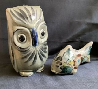 Vintage Tonala Pottery Owl And Fish Hand Painted Figurines,  Made In Tonala Mx
