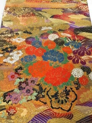 Ge04z140 Japanese Kimono Silk Uchikake Fabric Gold Flower Cart 40.  9 "