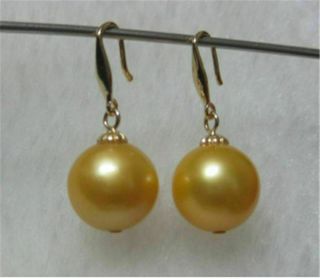 Fashion Aaa,  10mm Golden South Sea Shell Pearl Earrings 14k Yellow Gold