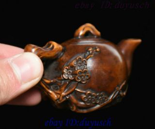 Old Chinese Folk Boxwood Wood Carving plum blossom Statue Teapot Shape model 3