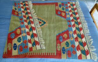 Vintage Hand Woven Guatemalan (?) Wool Rug Blue Rust Olive 66 " X 46 "