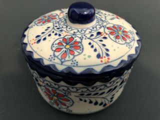 Vintage Hand - Painted Mexican Talavera Ceramic Pottery Sugar Pot Bowl Lid