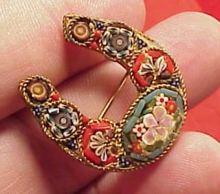 Vintage Micro Mosaic Horseshoe Brooch 1 1/4 Inch Early Piece Good Luck Pin