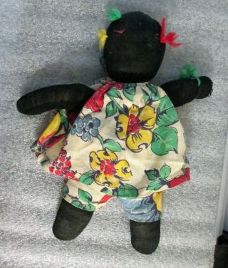 Vintage Handmade Black African American Folk Art Cloth Doll w Hat Apron 12 