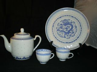 Lovely China Rice Grain Porcelain Blue White Teapot Pot Set -