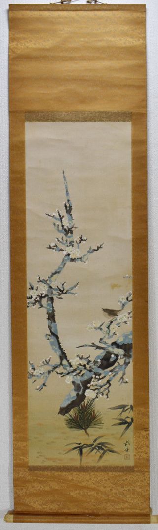 Japanese Hanging Scroll,  " Plum And Bush Warbler " 2516