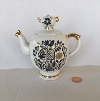 Vintage Lomonosov Miniature Small Teapot Russian Made In Ussr White Black Gold