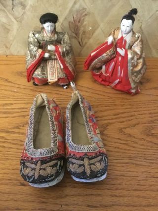 Vintage Asian Japanese Chinese Geisha Girl Komono Doll Figures And Shoes