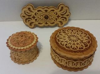 2 Small Russian Birch Bark Trinket Ring Jewelry Gift Boxes & Hair Clip Barrette