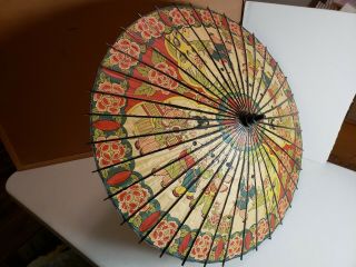 Antique Oriental Large Bamboo Paper Parasol With People And Children And Flowers