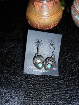 Navajo Indian Native Traditional Earrings Turquoise Shadowbox Bear Paw Silver