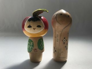 Wooden Kokeshi Figure Girl Woman Doll 2pc Apple Stamp Red Japanese Vtg B185