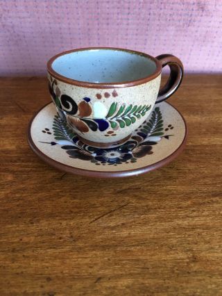 Vintage Antique Primitive Mexican Pottery Oaxaca Daisy Hand Painted Cup & Saucer