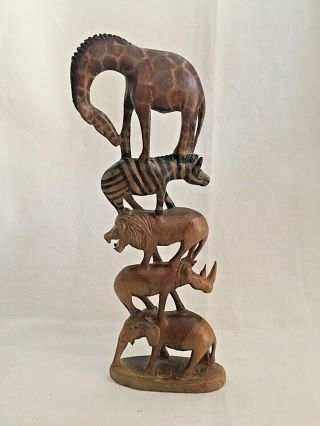 Vintage African Totem Wood Carving Elephant Zebra Leopard Giraffe 13.  5 " T