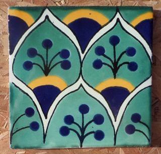 7 Talavera Mexican Pottery Tile 6 " Classic Peacock Green Blue Gold Feathers