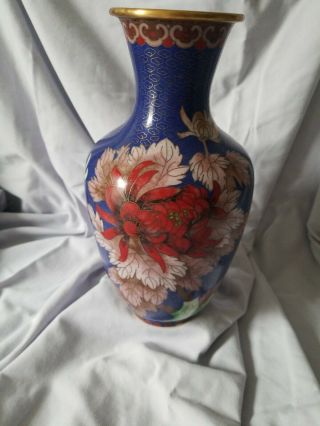 Vintage Chinese Cloisonne Cobalt Blue Vase White,  Red,  Floral With Butterfly