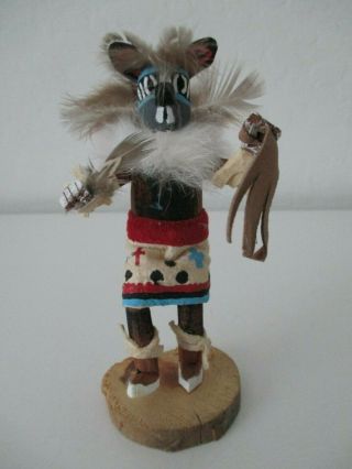 Kachina Navajo " Warrior Mouse " Doll Feathers/fur/rawhide Wood 5 1/4 " Vtg