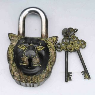 Collectible Chinese Old Style Bronze Lion Lock And Key