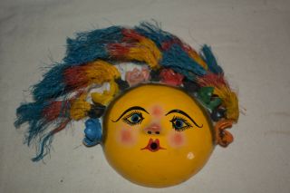 Vintage Mexican Coconut Shell Folk Art Mask Sun Lady Mother Wall Hanging