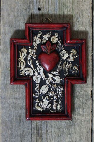 Small Size Sacred Heart Wood Cross Milagro / Miracles Mexican Folk Art Michoacán
