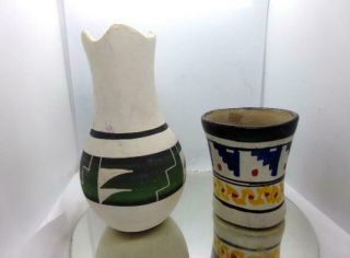 2 Vintage Native American Indian Pottery Southwest Vase Artist Signed & Glass