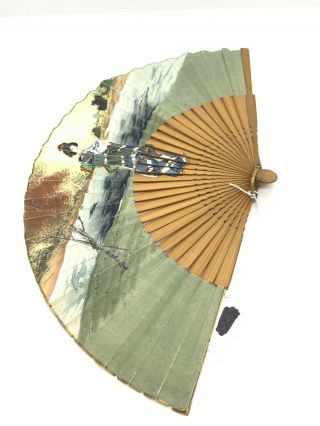 Vtg Asian Geisha Hand Painted Cut Wood Hand Fan Vintage