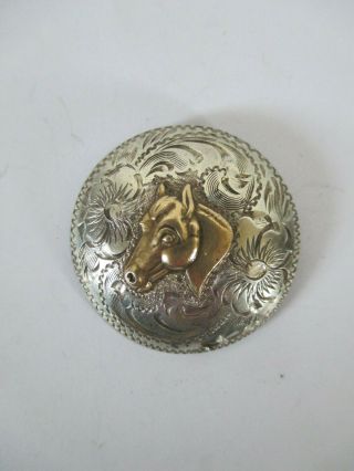 Vintage Western Sterling Silver Engraved Floral With Horse Head Pin Or Brooch