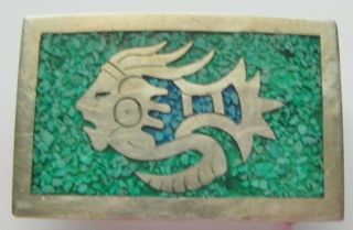 Alpaca Mexico Belt Buckle Turquoise Inlaid Vintage For 1.  25 Inch Belt